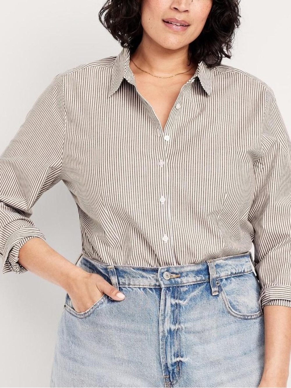 Old Navy Women's Slim Fit Brown Stripe Button Down